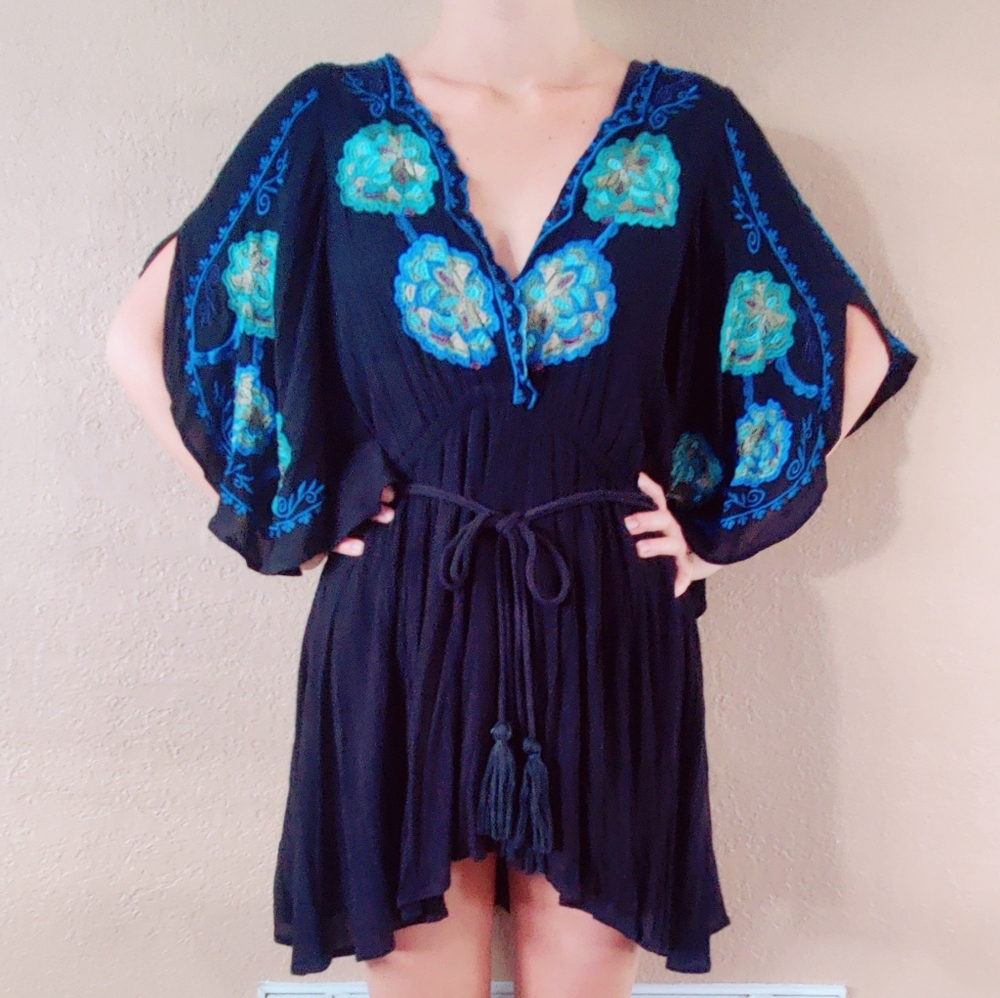 Free people back dress with blue and teal embroidery